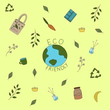Hand drawn elements of zero waste life and eco friendly enviroment. Stock Illustration