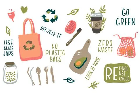 Hand drawn elements of zero waste life in vector 스톡 일러스트