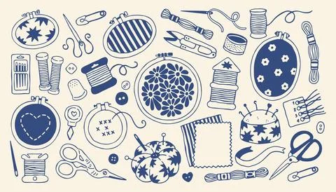 Hand drawn embroidery tools set featuring hoops and sewing needles. Minimalist 스톡 일러스트