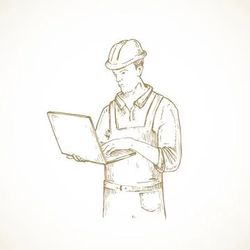 Hand Drawn Engineer in a Helmet Vector Illustration. Worker with Laptop Stockillustratie