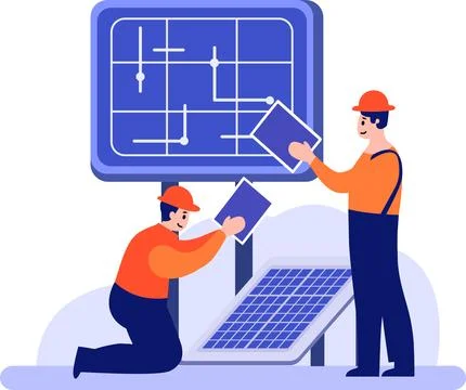 Hand Drawn Engineer installing solar cells in flat style Stock Illustration