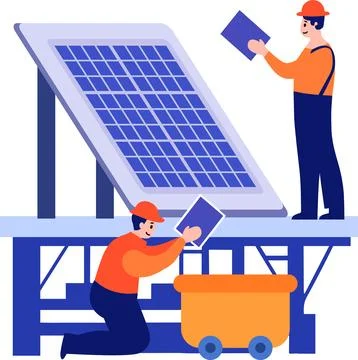 Hand Drawn Engineer installing solar cells in flat style Stock Illustration