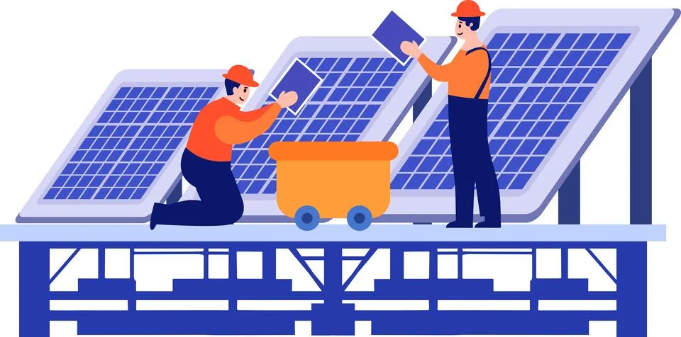 Hand Drawn Engineer installing solar cells in flat style Stock Illustration