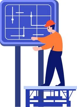 Hand Drawn Engineer installing solar cells in flat style Stock Illustration