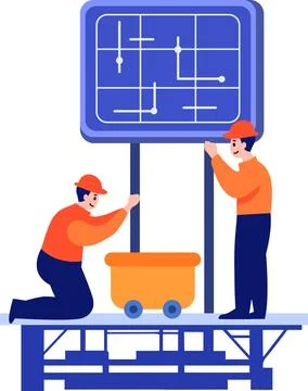 Hand Drawn Engineer installing solar cells in flat style Stock Illustration