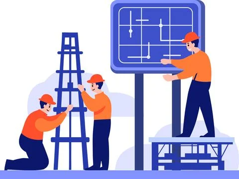 Hand Drawn Engineer installing solar cells in flat style Stock Illustration