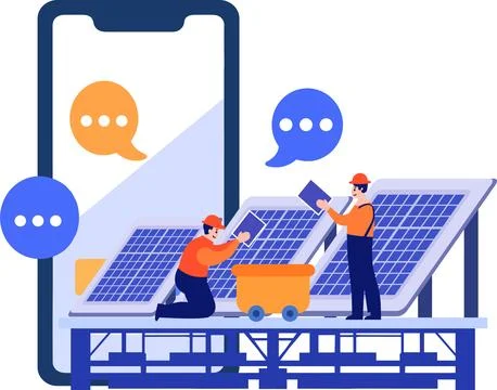 Hand Drawn Engineer installing solar cells in flat style Stock Illustration