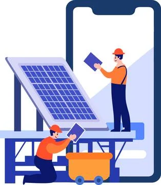Hand Drawn Engineer installing solar cells in flat style Stock Illustration