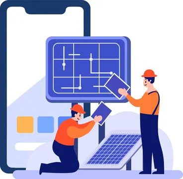 Hand Drawn Engineer installing solar cells in flat style Stock Illustration