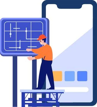 Hand Drawn Engineer installing solar cells in flat style Stock Illustration