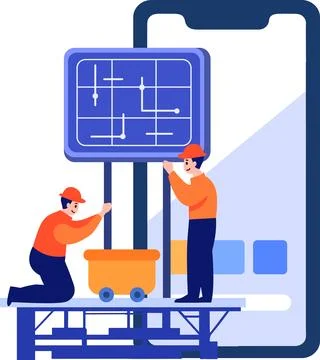 Hand Drawn Engineer installing solar cells in flat style Stock Illustration