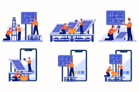 Hand Drawn Engineer installing solar cells in flat style Stock Illustration