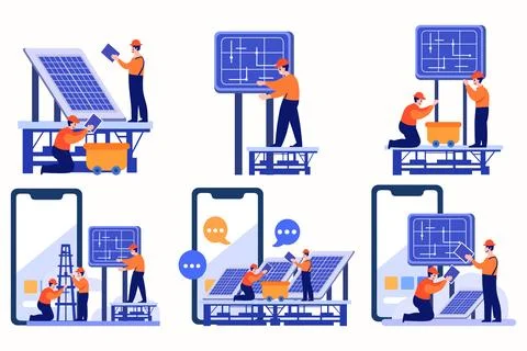Hand Drawn Engineer installing solar cells in flat style Stock Illustration