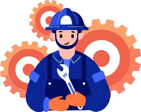 Hand Drawn Engineer or architect with cogs in construction concept in flat .. Stock Illustration