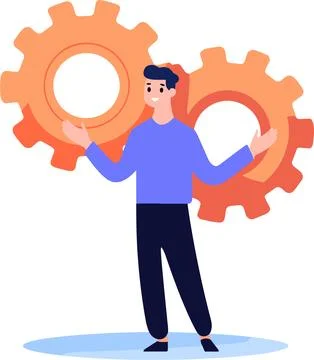 Hand Drawn Engineer or architect with cogs in construction concept in flat .. Stock Illustration