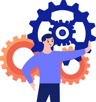 Hand Drawn Engineer or architect with cogs in construction concept in flat .. Stock Illustration