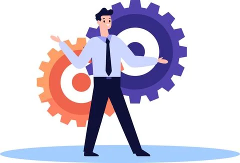 Hand Drawn Engineer or architect with cogs in construction concept in flat .. Stock Illustration