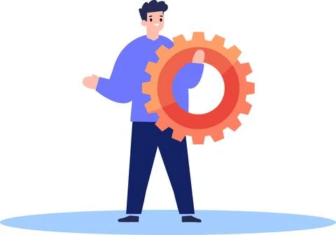 Hand Drawn Engineer or architect with cogs in construction concept in flat .. Stock Illustration