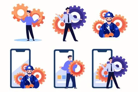Hand Drawn Engineer or architect with cogs in construction concept in flat .. Stock Illustration