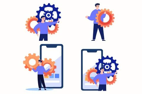 Hand Drawn Engineer or architect with cogs in construction concept in flat .. Stock Illustration