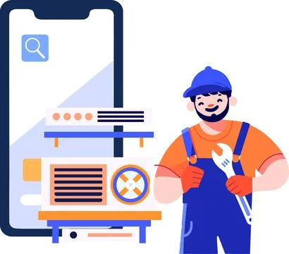 Hand Drawn Engineer or repairman character with smartphone in online repair.. Stock Illustration