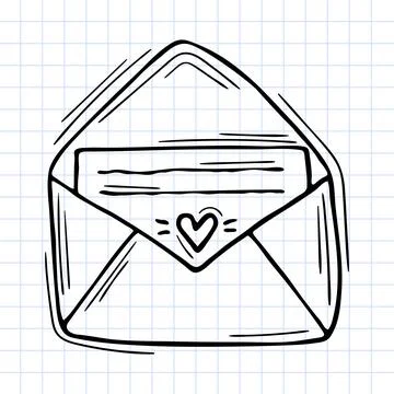 Hand drawn envelope with documents. Outline icon. Sketch style. Checkered b.. Stock Illustration