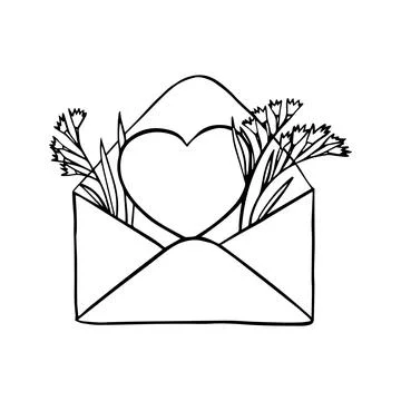 Hand drawn envelope with heart and flowers. Stock Illustration