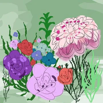 Hand drawn exotic vector pattern with flowers on green background. Vector Stock Illustration