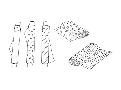 Hand-drawn Fabric rolls set. Sewing tools, tailoring, needlework, hobby, cr.. Stock Illustration