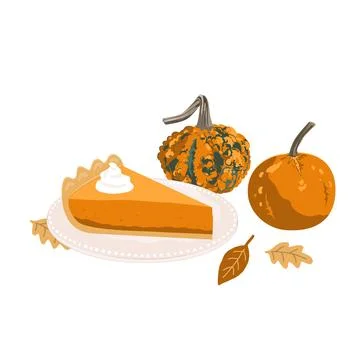 Hand drawn Fall Aesthetic Composition with pumpkin pie piece, cute pumpkins, Stock Illustration