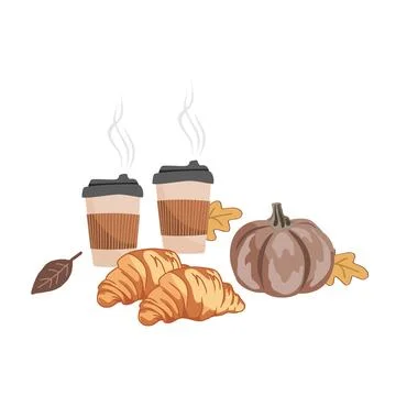 Hand drawn Fall Aesthetic Composition with pumpkin, croissants, paper coffe.. Stock Illustration