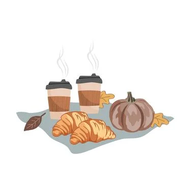 Hand drawn Fall Aesthetic Composition with pumpkin, croissants, paper coffe.. Stock Illustration