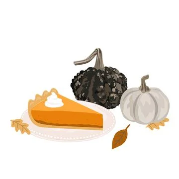 Hand drawn Fall Aesthetic Composition with pumpkin pie piece, cute pumpkins, Stock Illustration