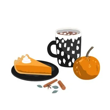 Hand drawn Fall Aesthetic Composition with pumpkin pie piece, cute pumpkin,.. Stock Illustration
