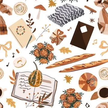 Hand drawn Fall outdoor seamless pattern with Autumn sweets, cute pumpkins,.. Stock Illustration