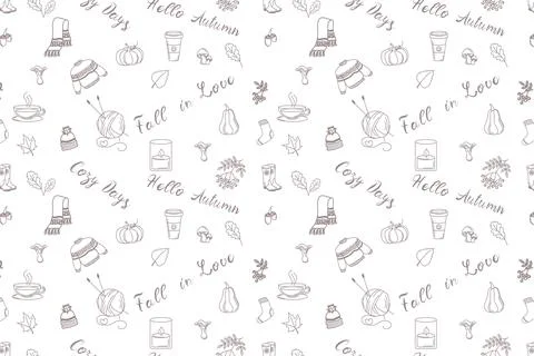 Hand drawn fall pattern Cozy Days, Hello Autumn, Fall in Love. Scarf, candle 스톡 일러스트