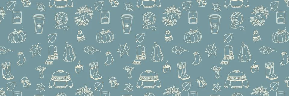 Hand drawn fall patterns on blue background, seamless template. Scarf, candle Stock Illustration