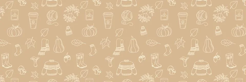 Hand drawn fall patterns on light brown background, seamless template. Scarf Stock Illustration