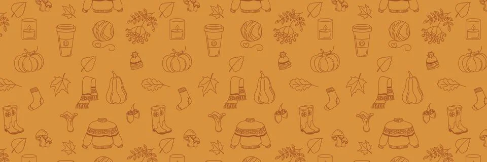 Hand drawn fall patterns on orange background, seamless template. Scarf, candle Stock Illustration