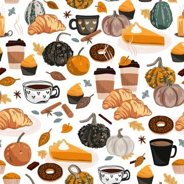 Hand drawn Fall seamless pattern with Autumn sweets, cute pumpkins, and Aut.. Illustrazione stock