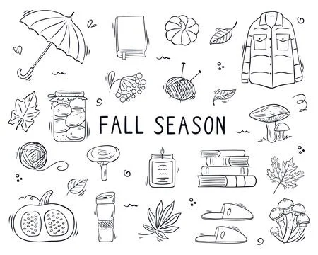 Hand drawn fall season doodle set featuring pumpkins, leaves, cozy clothes Stock Illustration