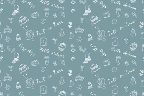 Hand drawn fall template on blue background Cozy Days, Hello Autumn, Fall in Stock Illustration