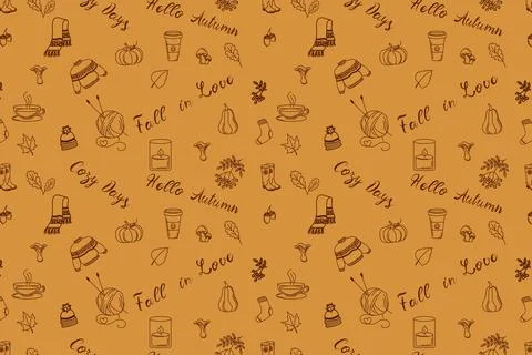 Hand drawn fall template on orange background Cozy Days, Hello Autumn, Fall in Stock Illustration