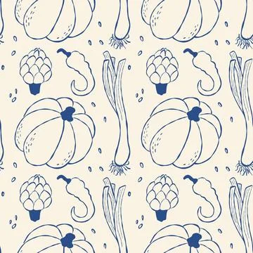 Hand drawn fall vegetables in blue on cream Stock Illustration