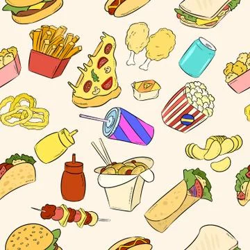Hand drawn fast food elements pattern. Vector illustration Stock Illustration