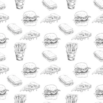 Hand drawn fast food pattern. Burger, pizza, french fries detailed illustrations Stock Illustration