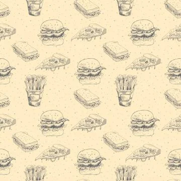 Hand drawn fast food pattern. Burger, pizza, french fries detailed illustrations Stock Illustration