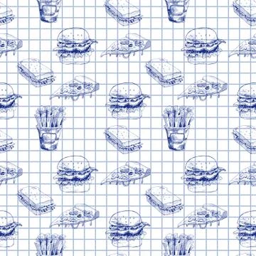 Hand drawn fast food pattern. Burger, pizza, french fries detailed illustrations Stock Illustration