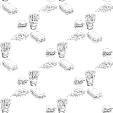 Hand drawn fast food pattern. Burger, pizza, french fries detailed illustrations Stock Illustration