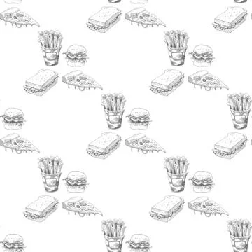 Hand drawn fast food pattern. Burger, pizza, french fries detailed illustrations Stock Illustration